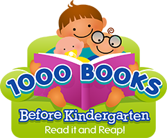 A baby, a young boy and a bookworm, all smiling, reading an open book. 1000 Books Before Kindergarten Read it and Reap!